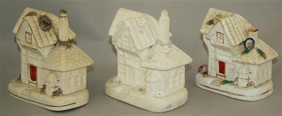 Three Staffordshire porcelain cottage pastille burners, c.1840, 12 - 14cm